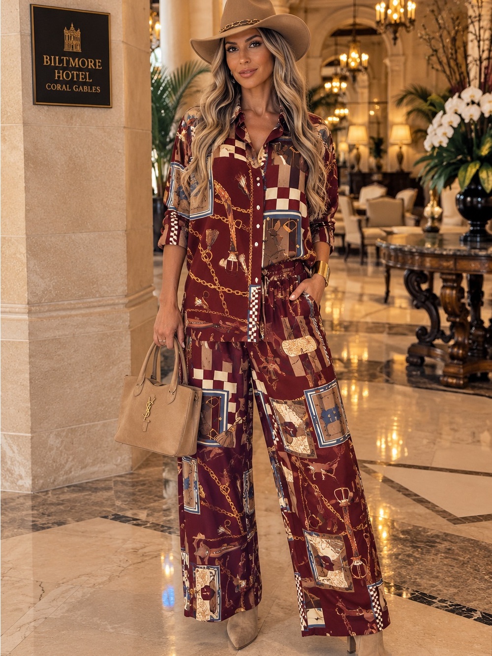 MADE IN ITALY - Womens Burgundy Rodeo Wide-Leg 2 Piece Set-